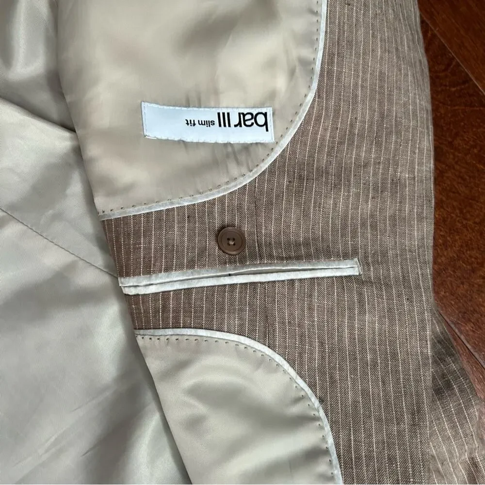 Bar III 100% Linen Light Brown Pinstripe Blazer, Size 42L